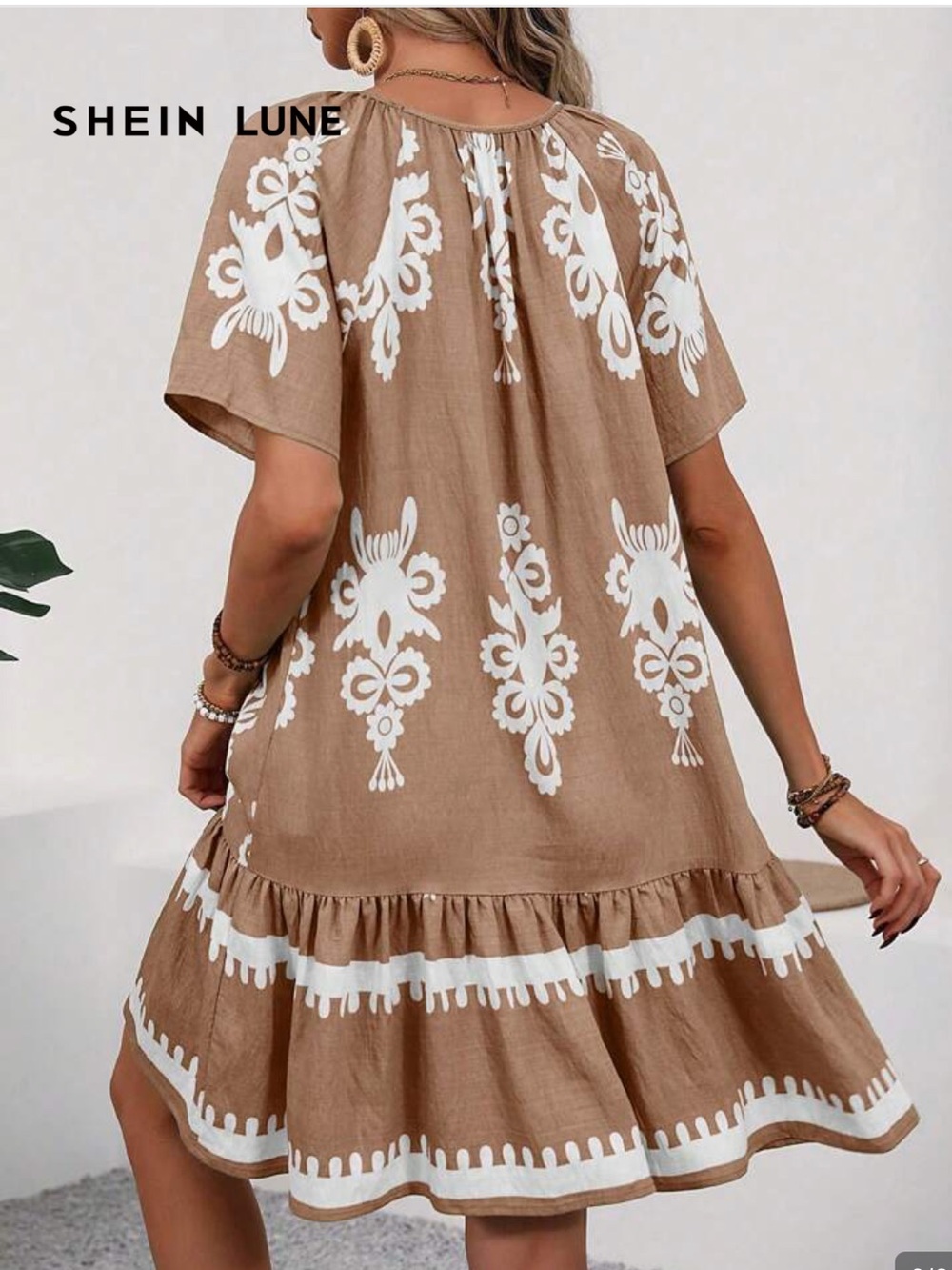 SHEIN LUNE Women's Boho Printed Ruffle
Hem Shift Dress Flowy Caramel/Mocha Large - Picture 2 of 6